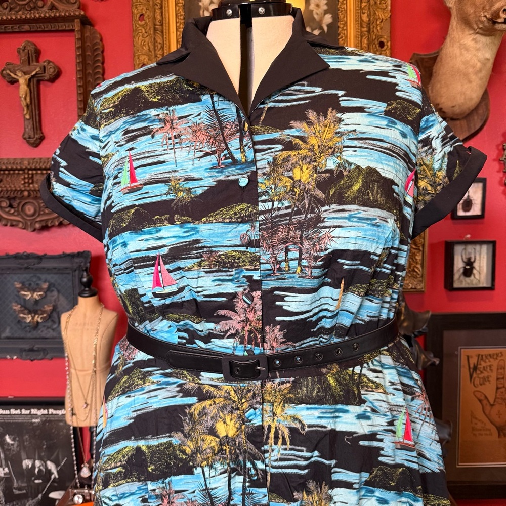 Unique Vintage Blue & Black Palm Print Print Alexis Swing Dress - 3X/20 - Picture 4 of 4